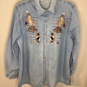 Vintage 90’s Embroidered Denim Cats long sleeve Button Down Shirt